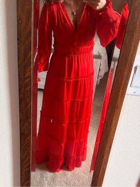 Chelsea & Violet Bright Red Tiered V-Neck Maxi Dress NWT Small